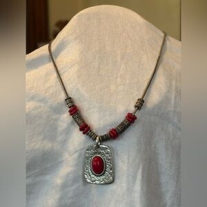 Artisan Bali Style Silver Tone Necklace with Red Beads
